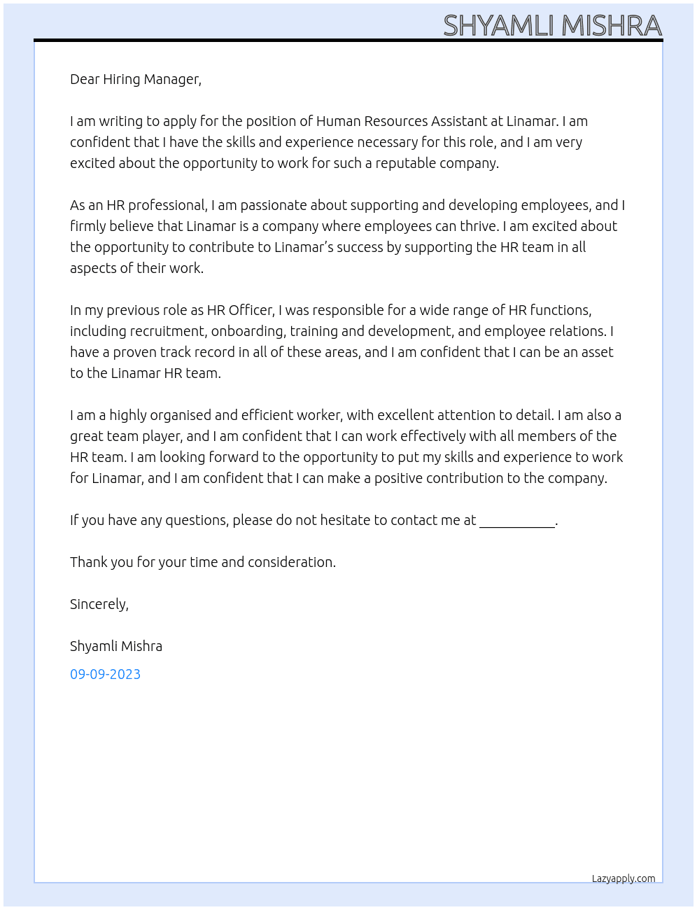 Human Resources Assistant At Linamar Cover Letter