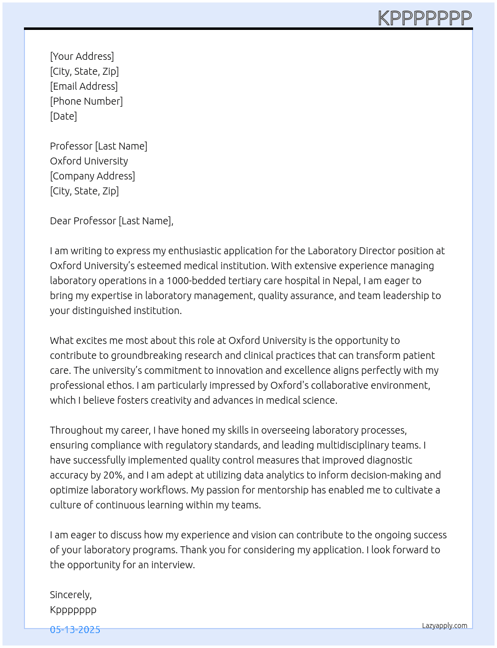 work as a laboratory director in a 1000 bedded tertiary care hospital in Nepal At oxford university Cover Letter