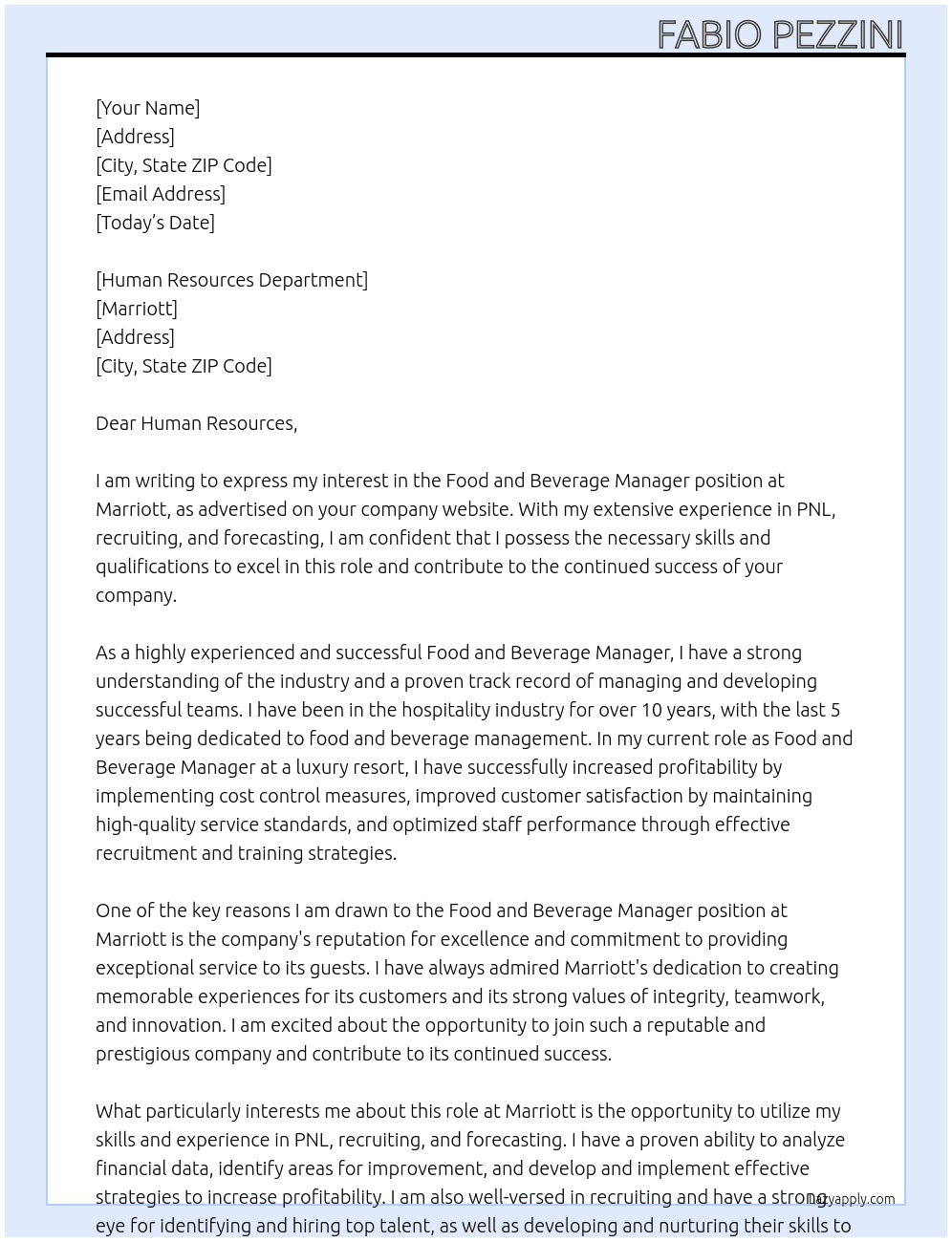 Food and beverage manager At Marriott Cover Letter