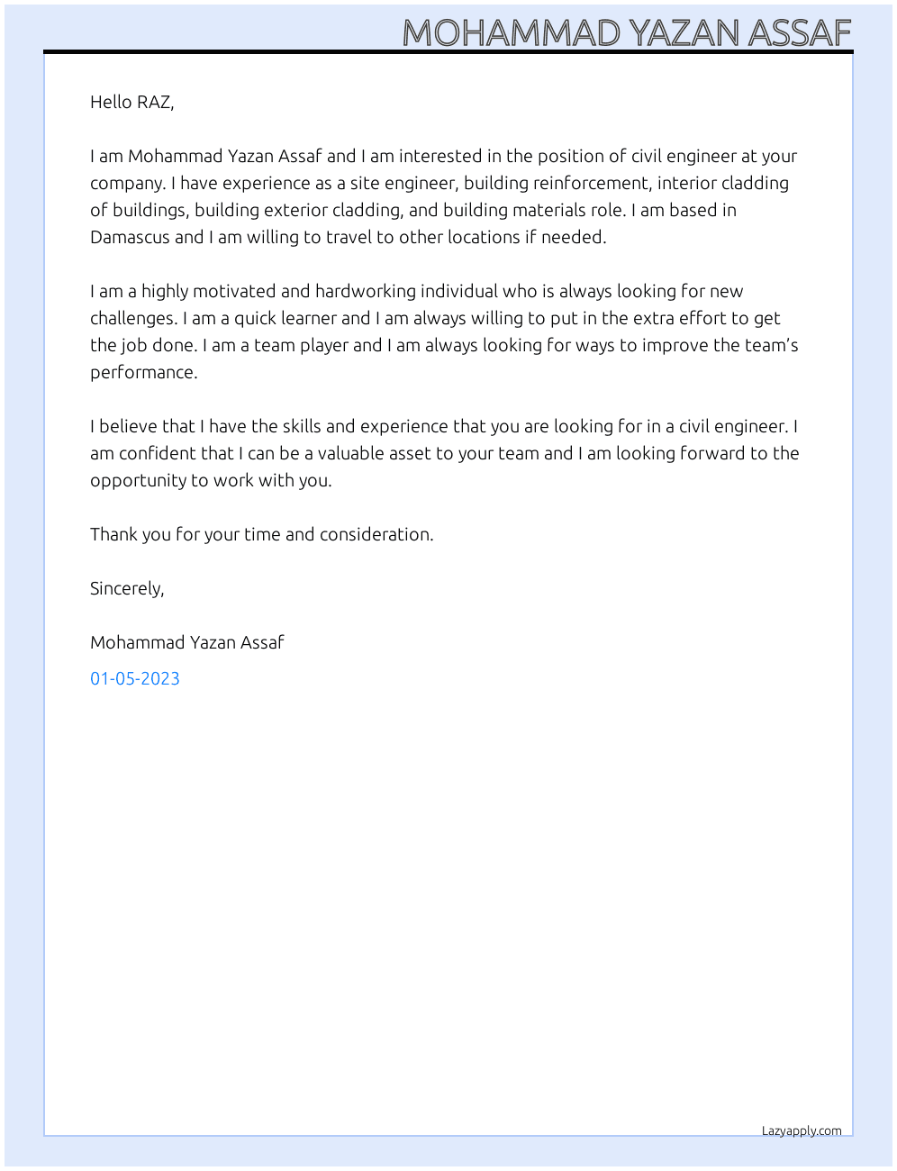 civil engineer At RAZ  Cover Letter