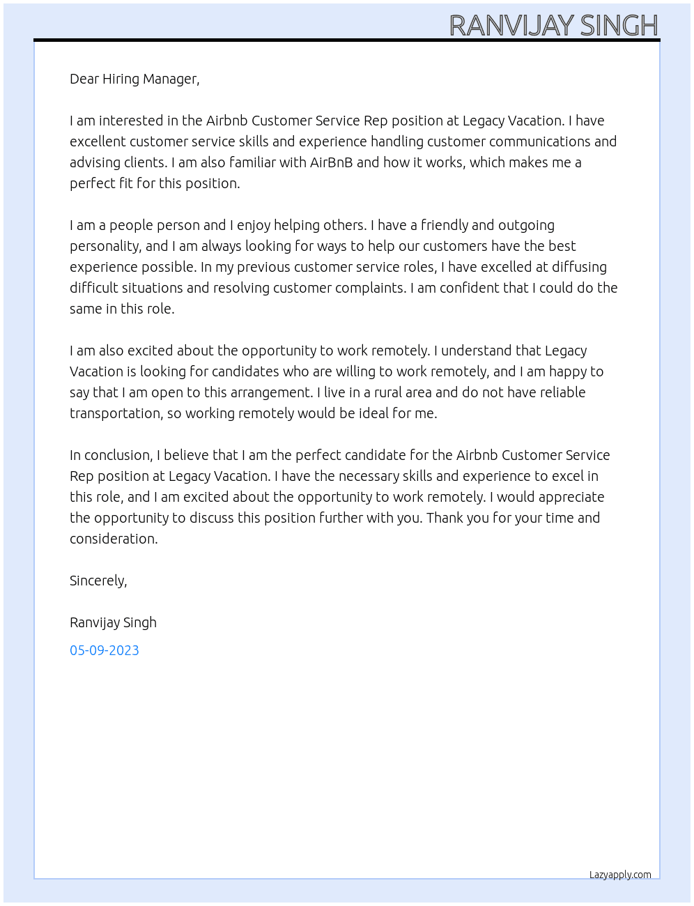 Airbnb Customer Service Rep At Legacy Vacation Cover Letter