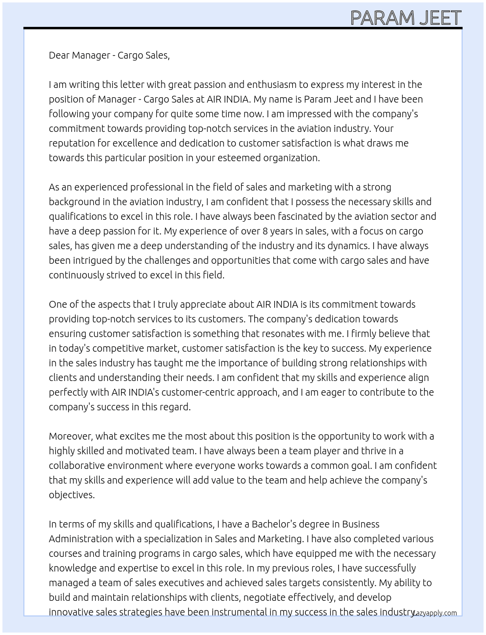 Cover letter for manager - cargo sales - LazyApply