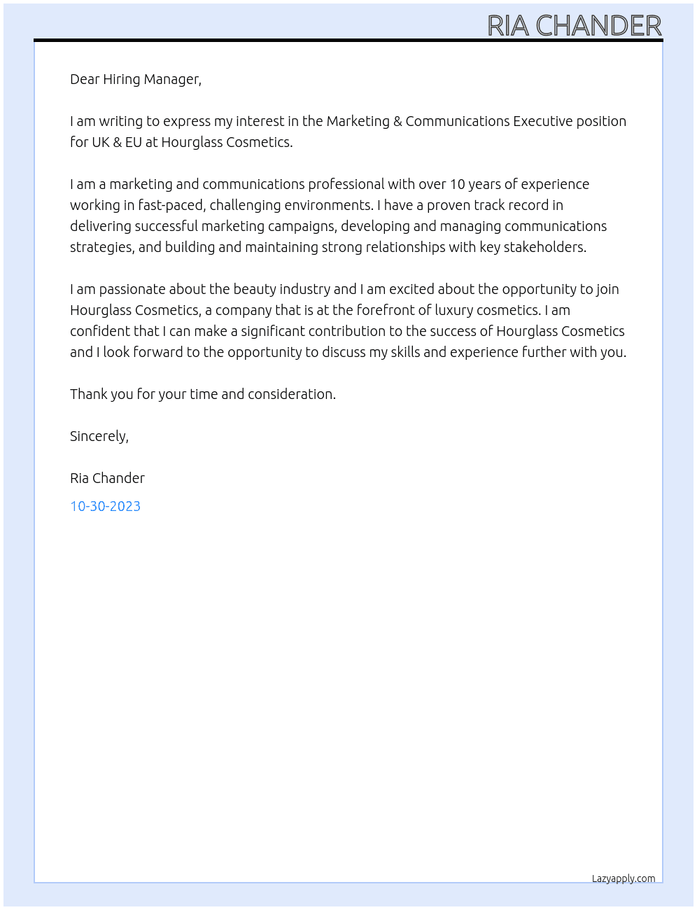 Marketing & Communications Executive, UK & EU At Hourglass Cosmetics Cover Letter