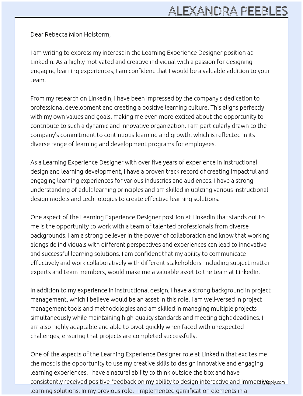 Learning Experience designer At LinkedIn  Cover Letter