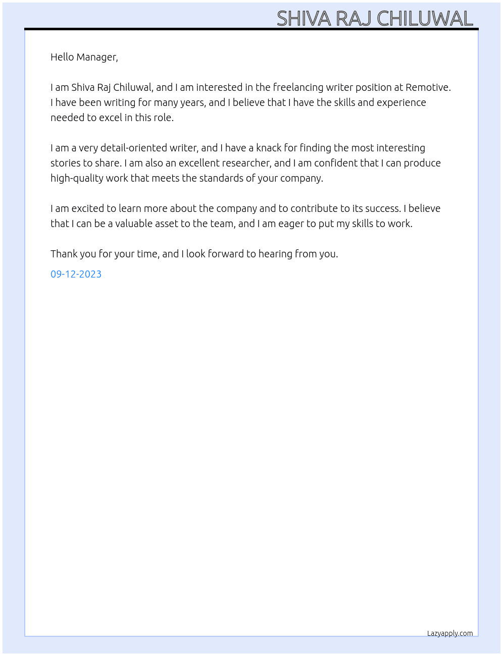 Freelancing writer At Remotive Cover Letter