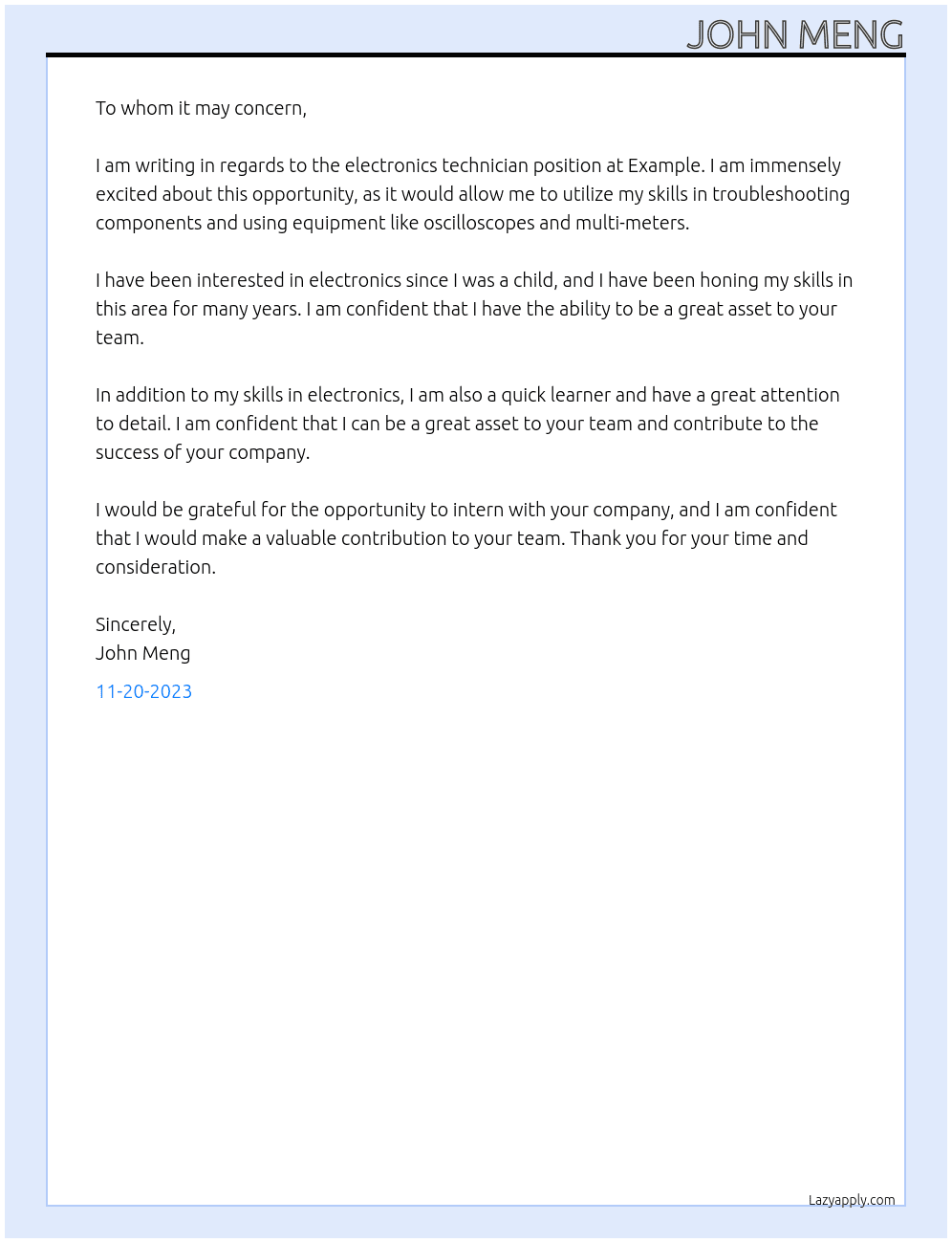 Electronics Technician At Example Cover Letter