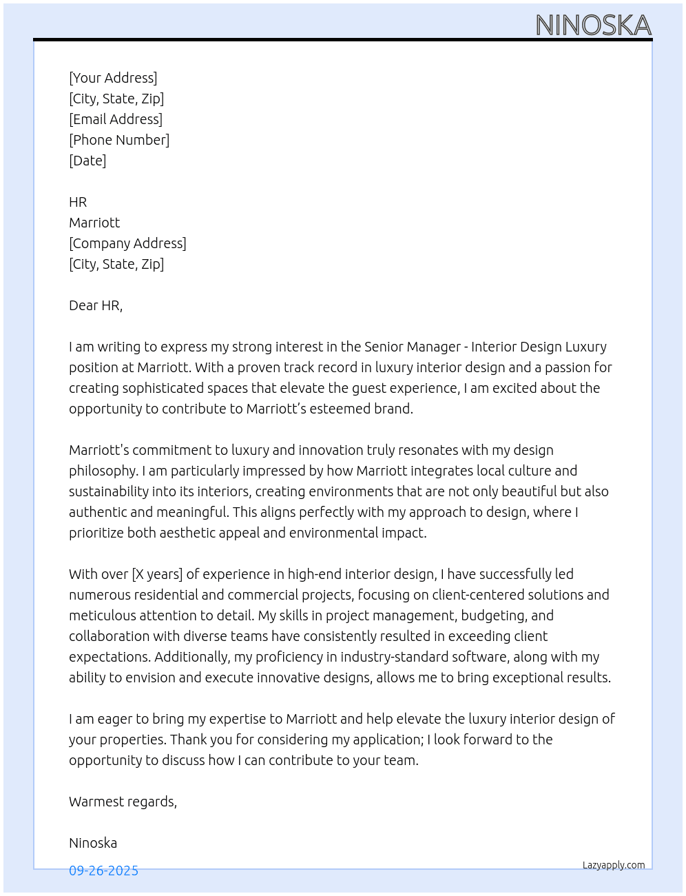 Senior Manager - Interior Design Luxury At Marriott Cover Letter