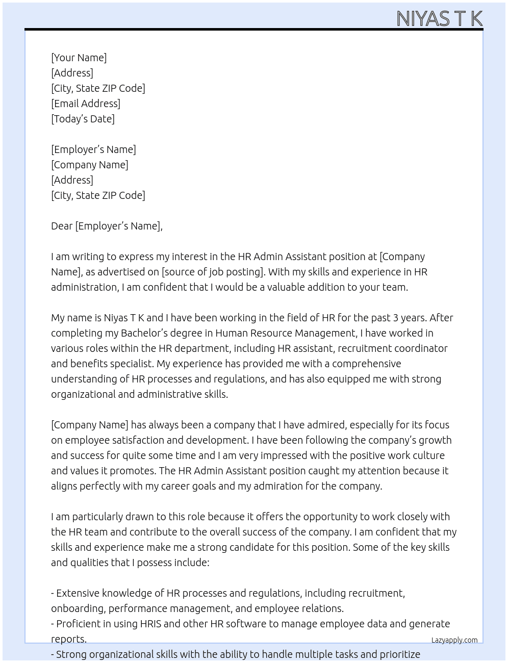 HR ADMIN ASSISTANT  At .. Cover Letter