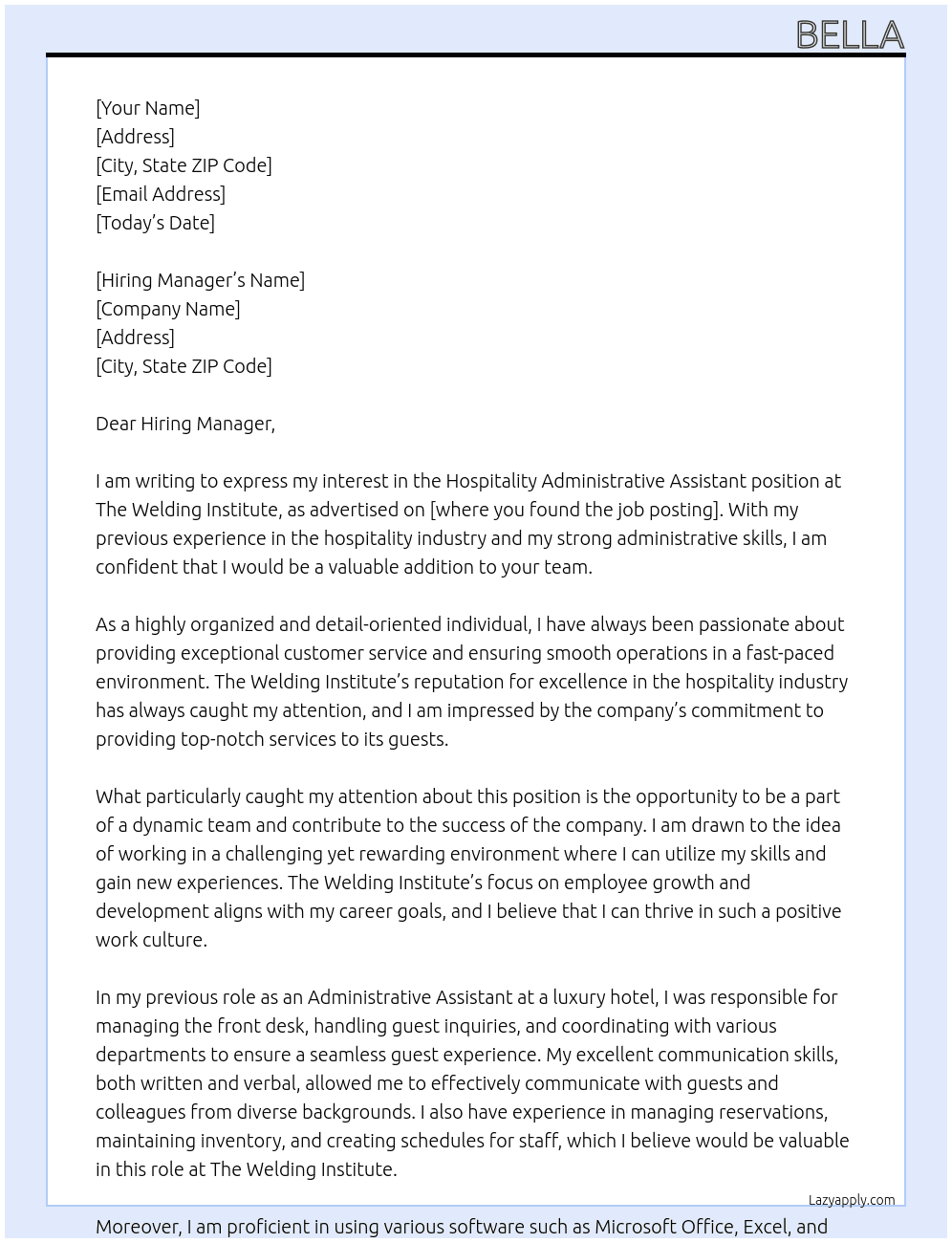 Hospitality Administrative Assistant At The Welding Institute Cover Letter