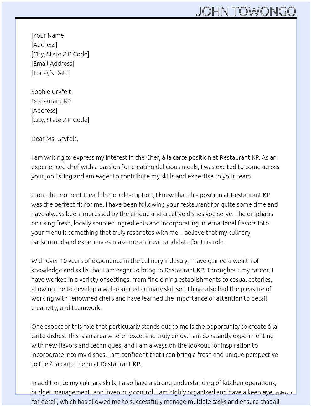 Chef, à la carte At Restaurant KP Cover Letter