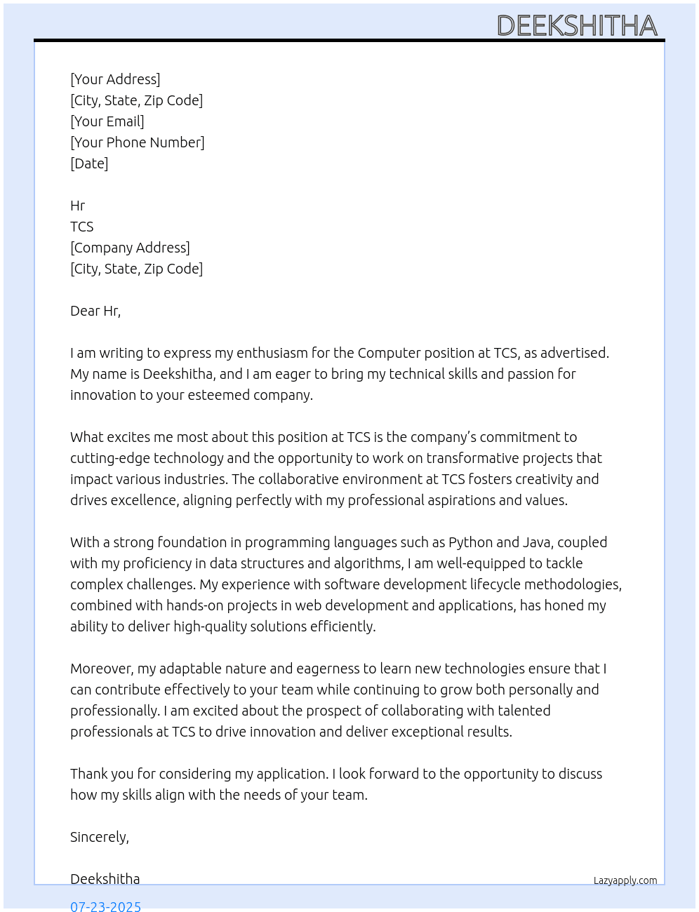 Cover letter for computer - LazyApply