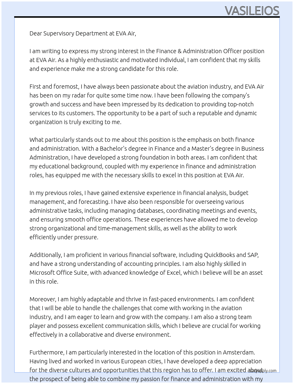 Finance & Administration Officer At EVA Air Cover Letter