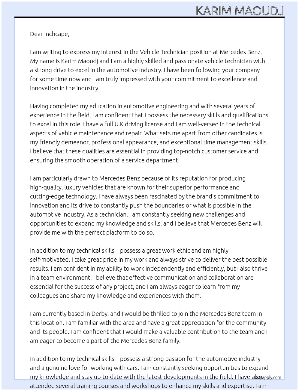 Vehicle Technician At Mercedes Benz Cover Letter