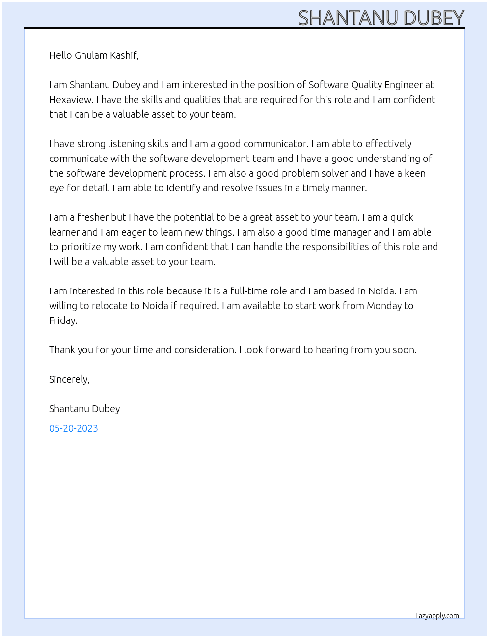 Software Quality Engineer (Fresher) At Hexaview Cover Letter