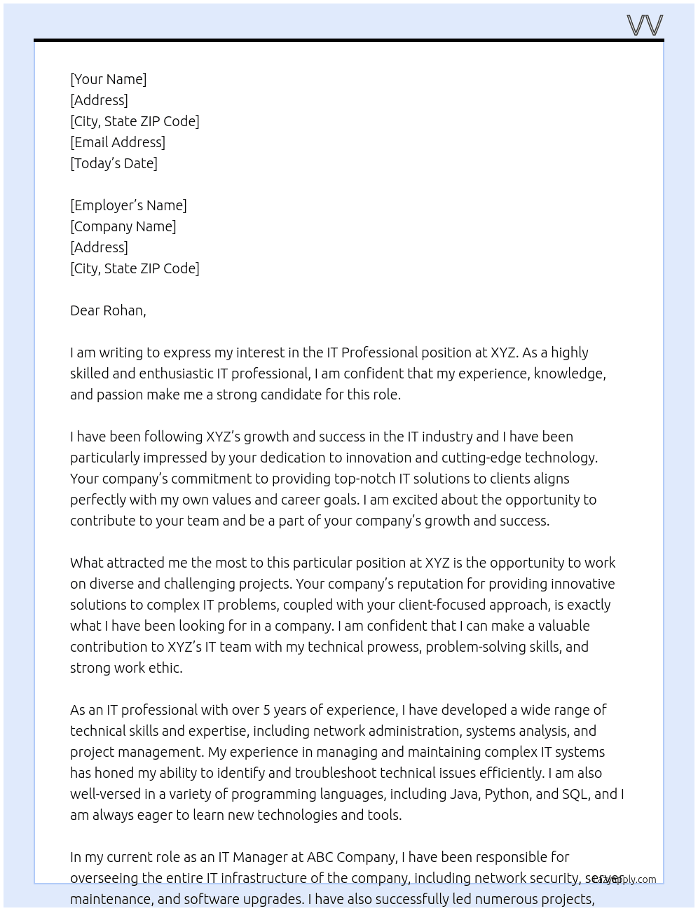 IT professional At xyx Cover Letter