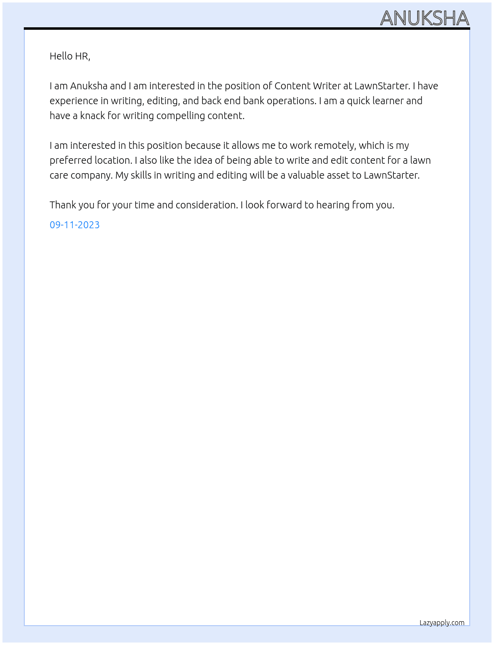 Content writer At LawnStarter Cover Letter