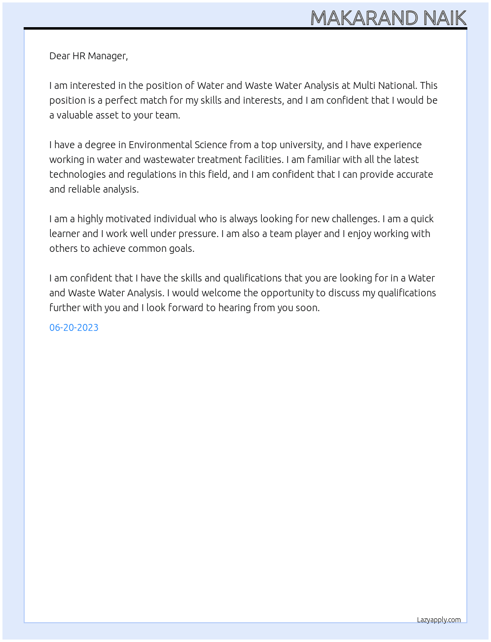 Water and Waste Water Analysis At Multi National Cover Letter