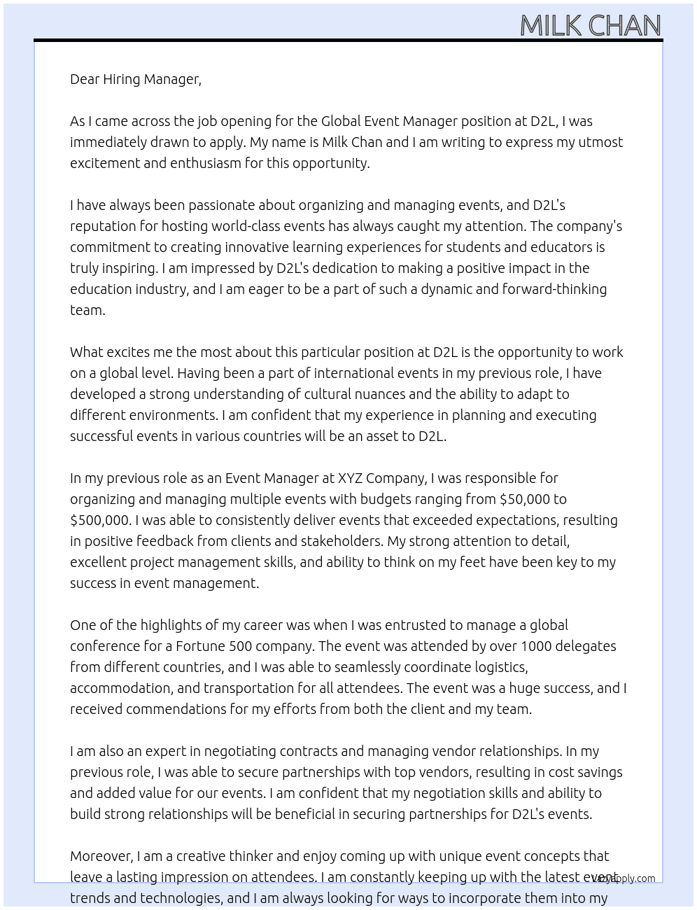 Global Event Manager At D2L Cover Letter
