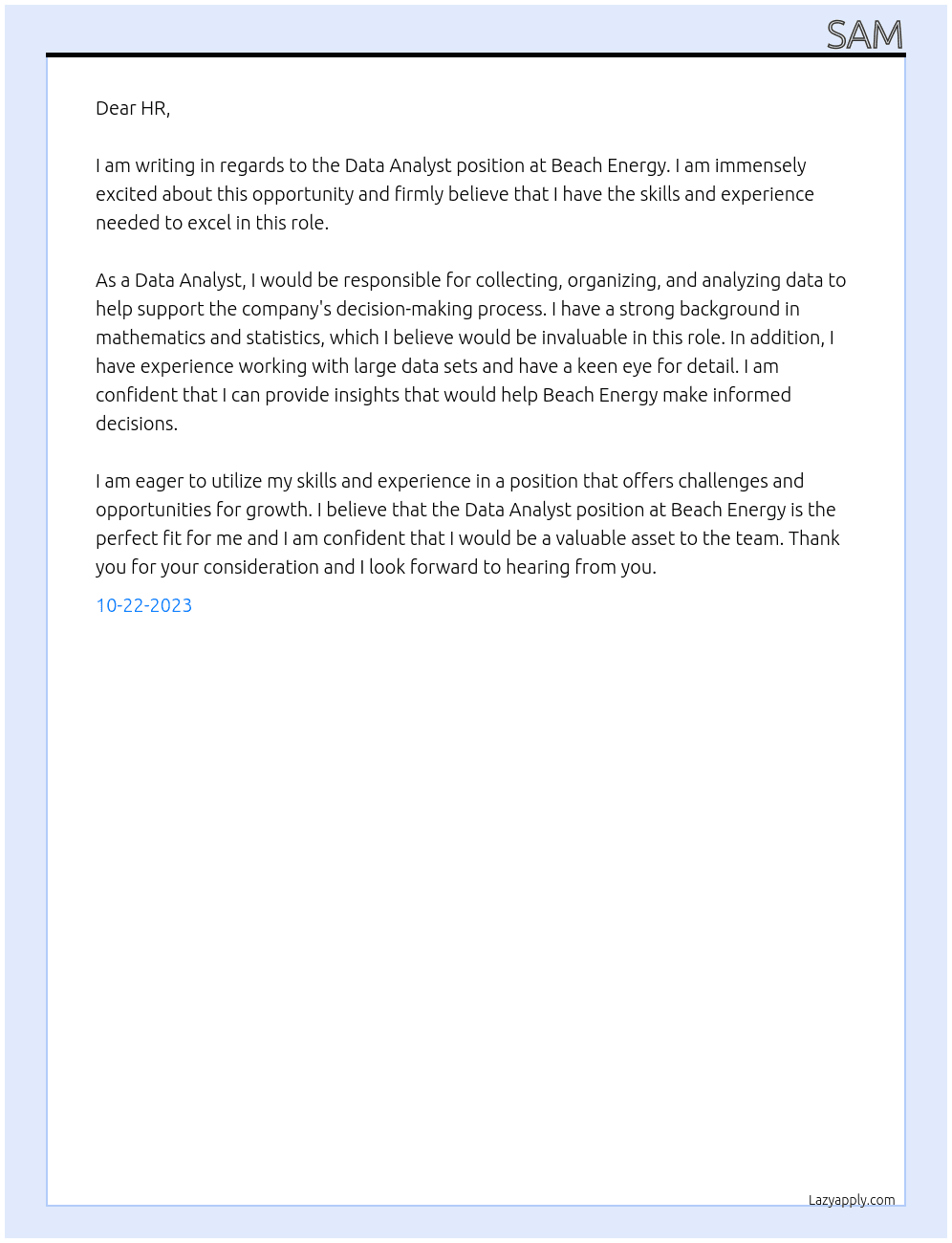 Data Analyst At Beach Energy Cover Letter