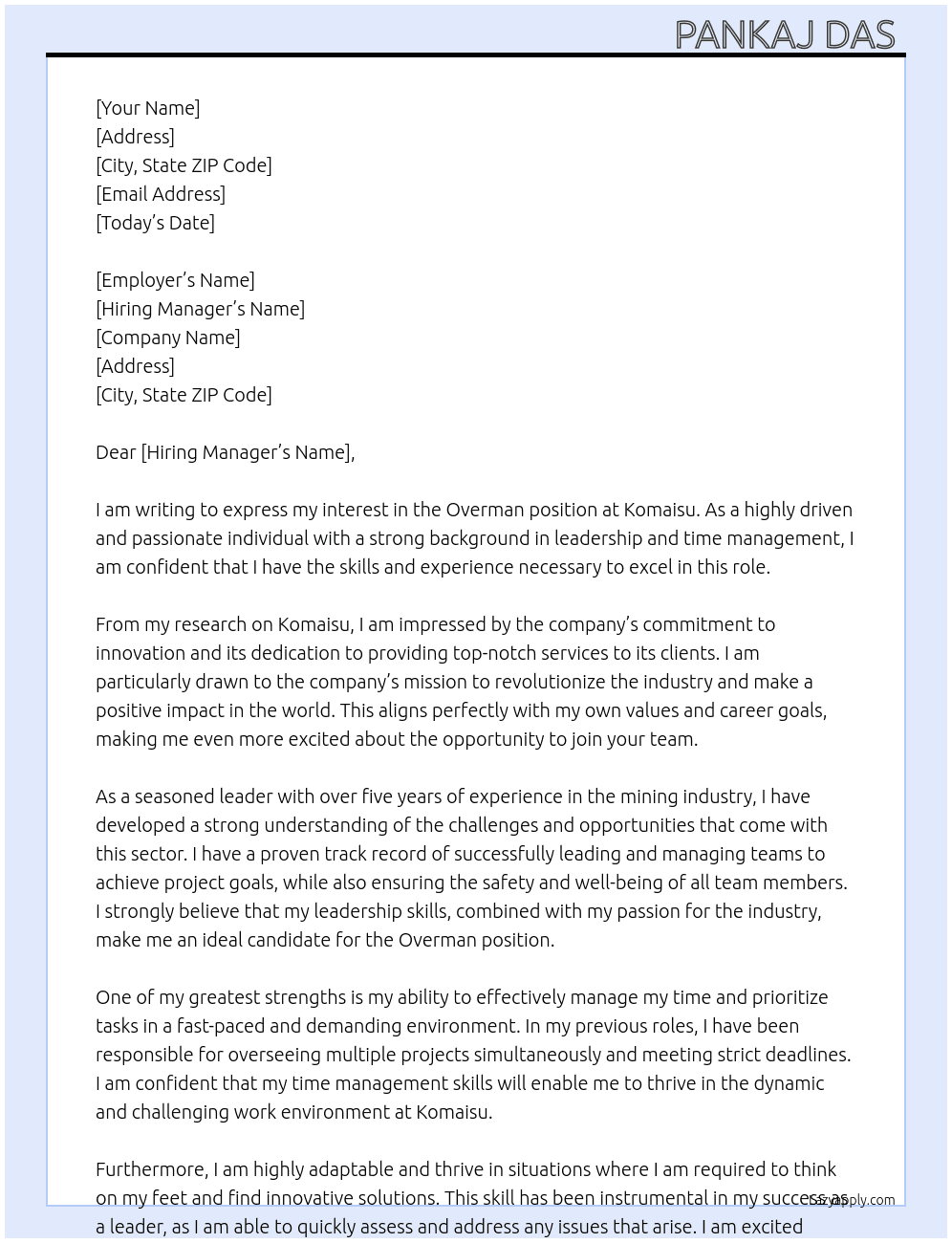 Overman  At Komaisu Cover Letter