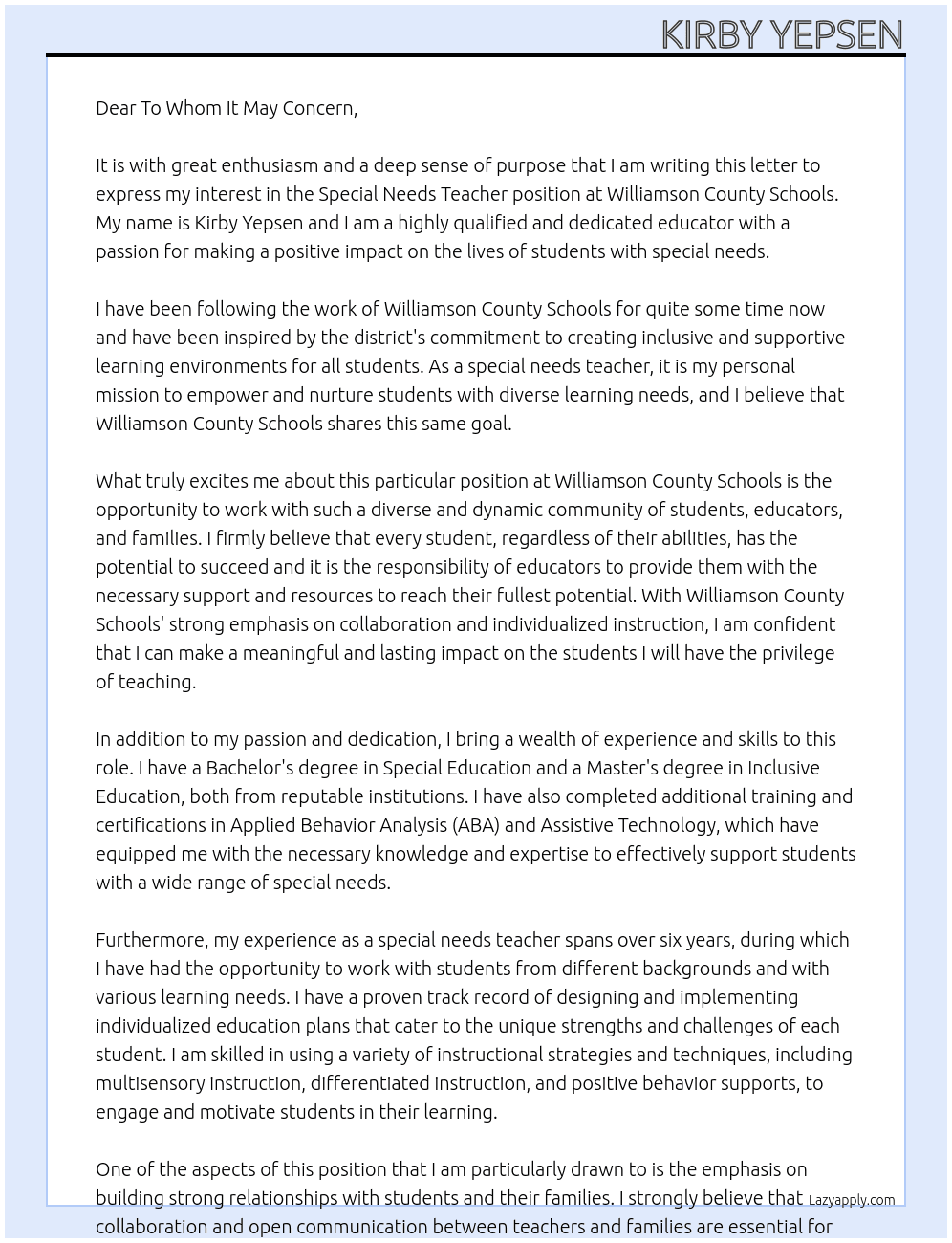Special Needs Teacher At Williamson County Schools Cover Letter