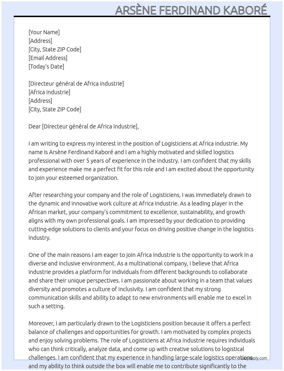 Logisticiens  At Africa industrie Cover Letter