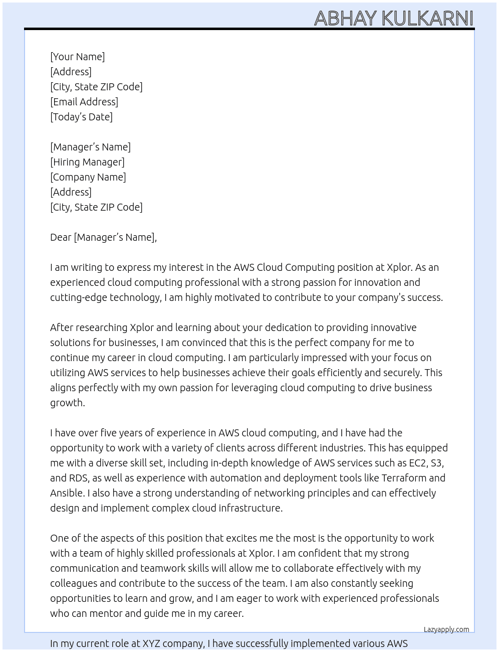 AWS Cloud computing At Xplor Cover Letter