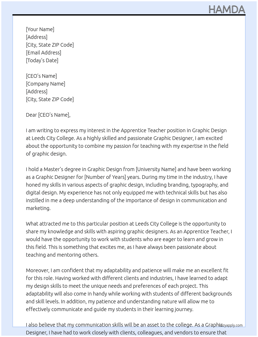 Apprentice Teacher - Graphic Design  At leeds city college Cover Letter