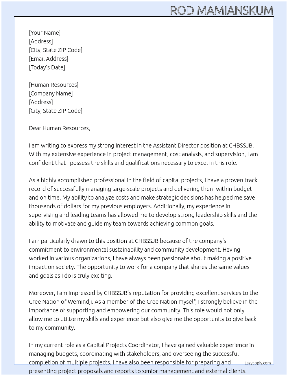 Assistant Director At CHBSSJB Cover Letter
