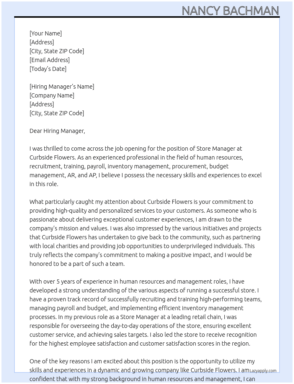 Store Manager  At Curbside Flowers Cover Letter