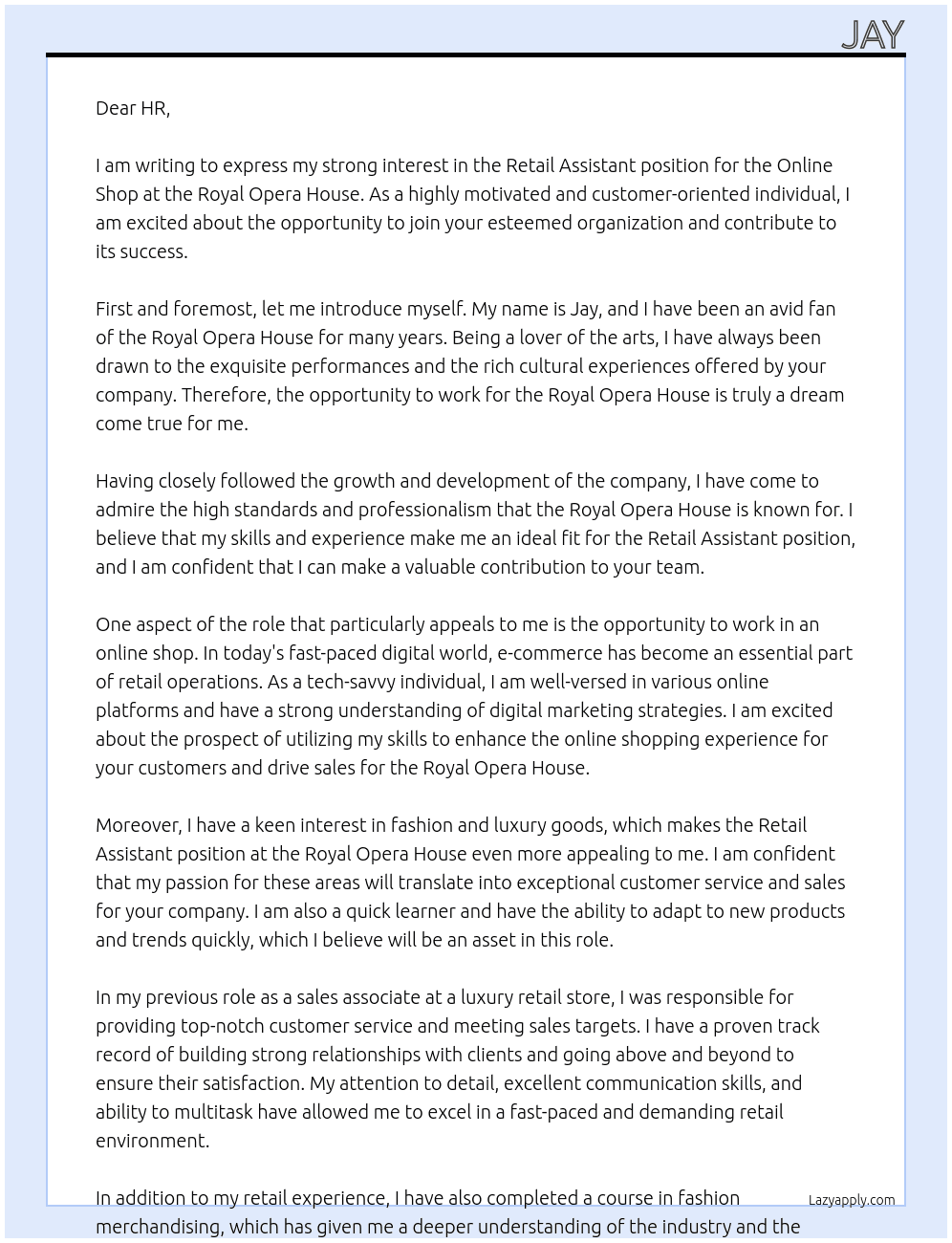 Retail Assistant for Online Shop At Royal Opera House Cover Letter