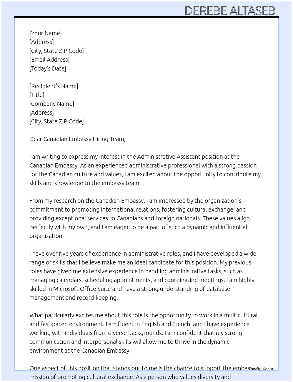 Administrative Assistant At Canadian Embassy Cover Letter