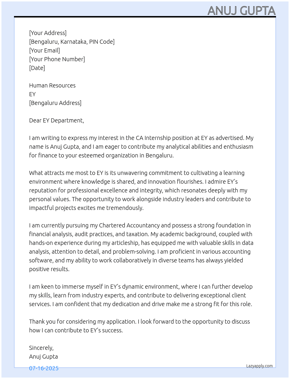CA INTERNSHIP At EY Cover Letter