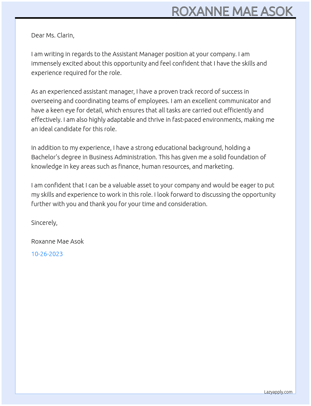 Assistant Manager  At Assistant Manager  Cover Letter