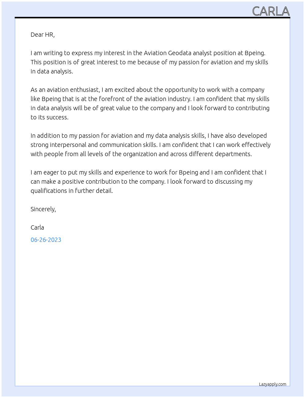 Aviation Geodata analyst At Bpeing Cover Letter