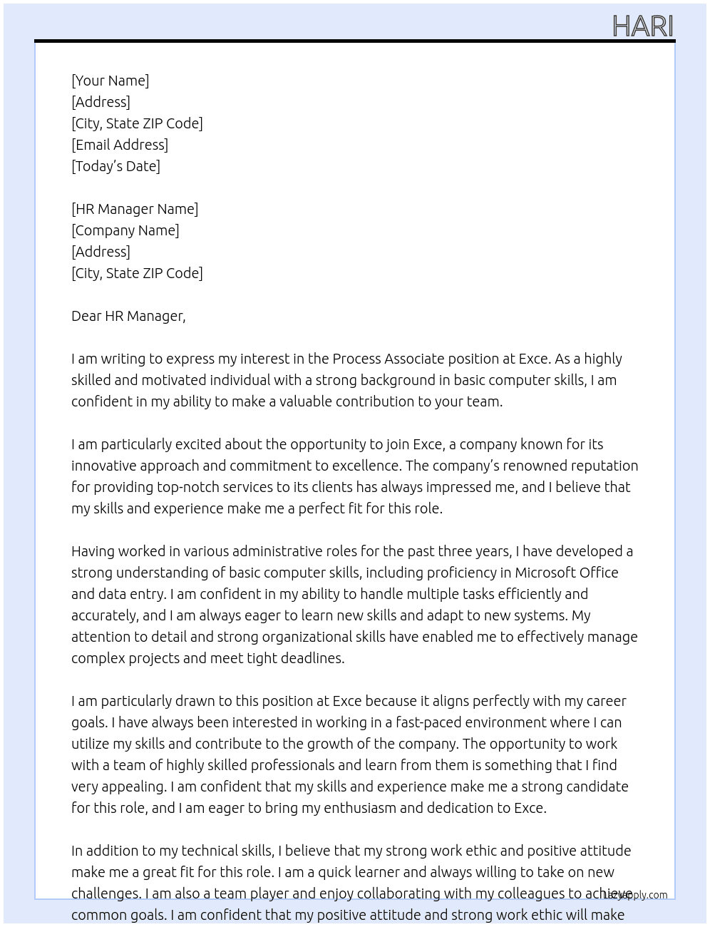 Process Assocaite At Exce Cover Letter