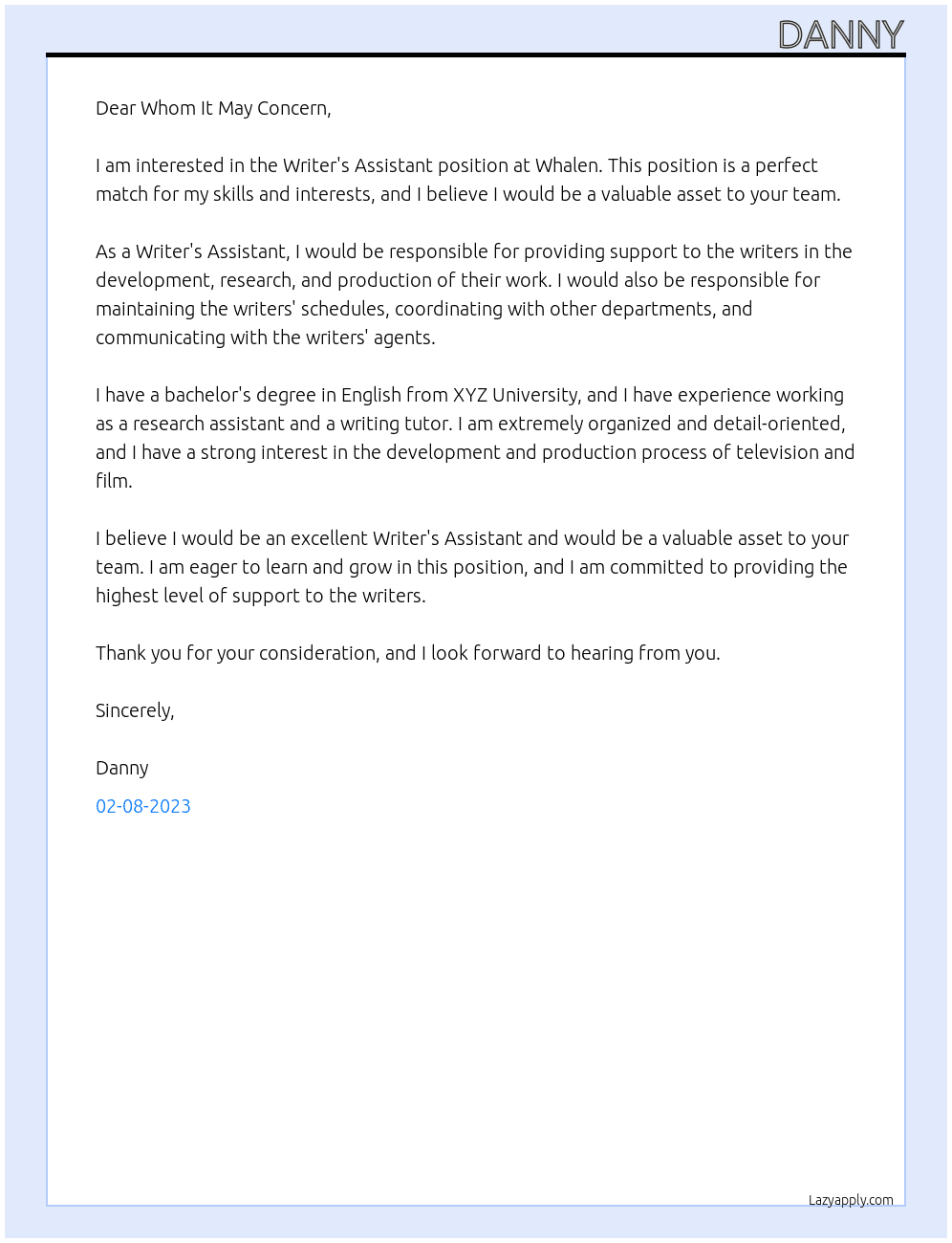 Writer's Assistant At Whalen Cover Letter