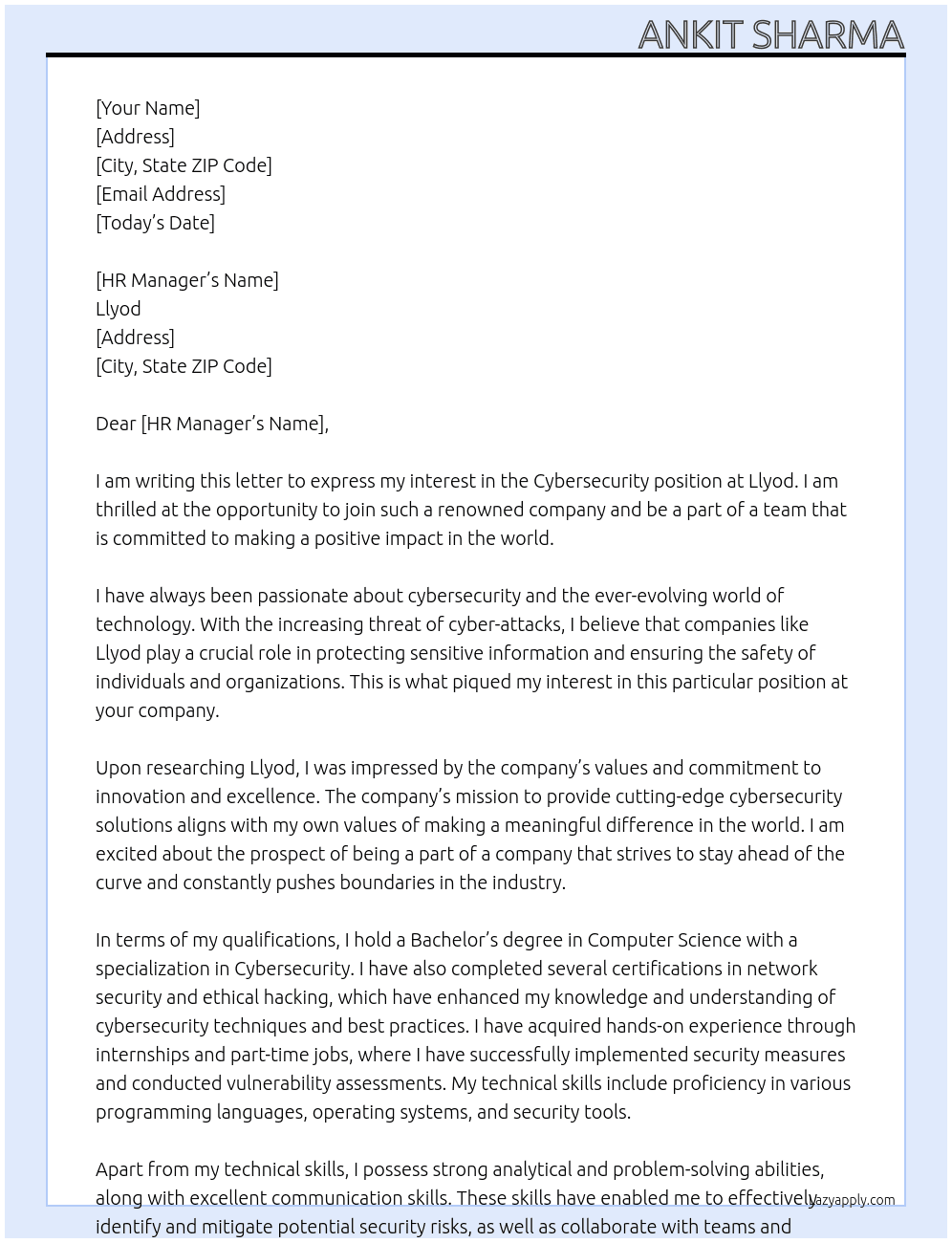 Cybersecurity  At Llyod Cover Letter
