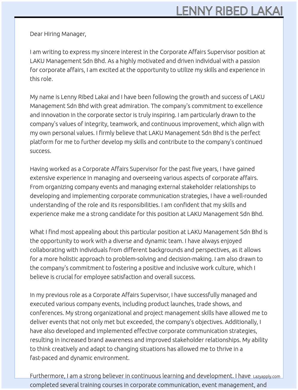 Corporate Affair Supervisor At LAKU Management Sdn Bhd Cover Letter