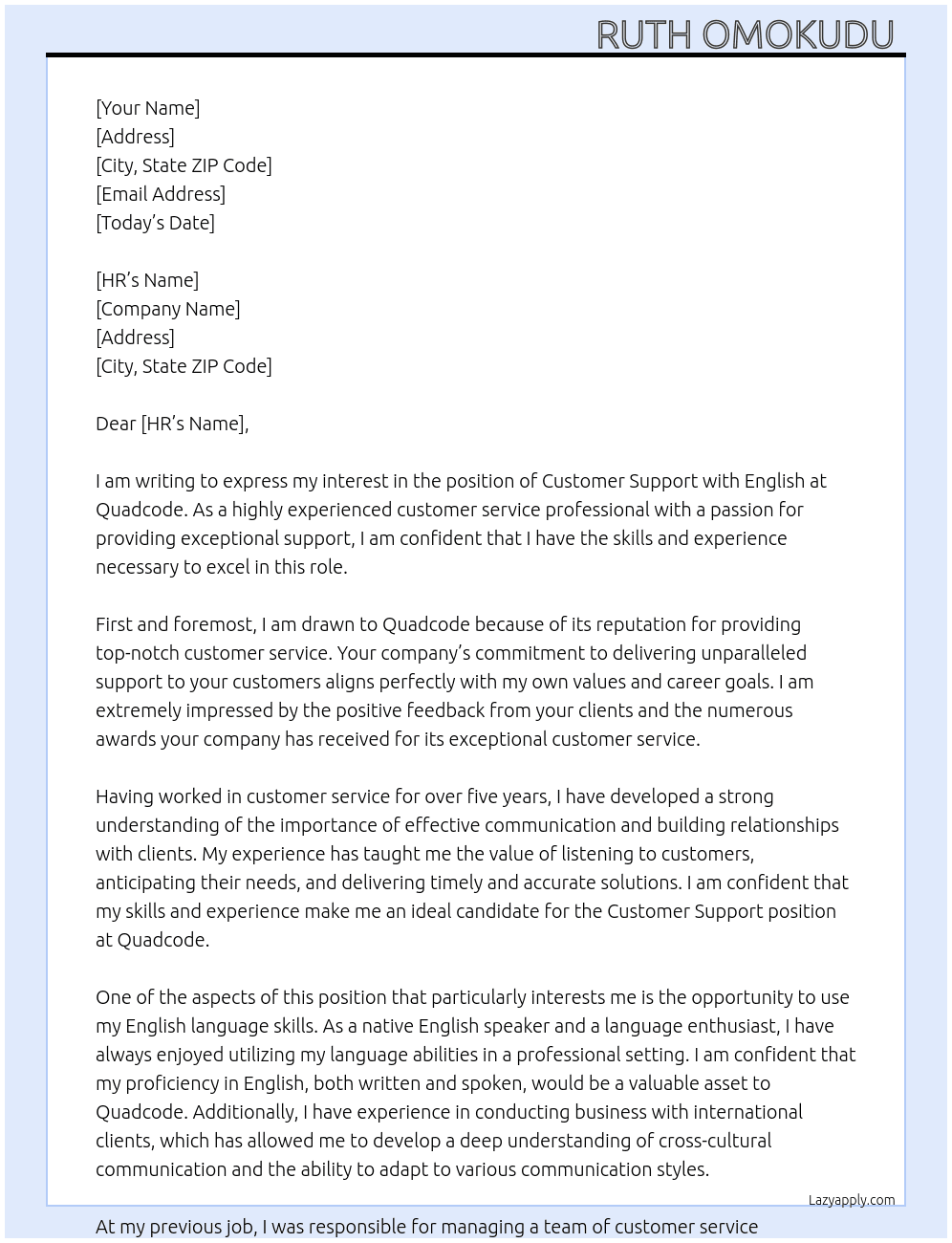 Customer Support with English At Quadcode Cover Letter