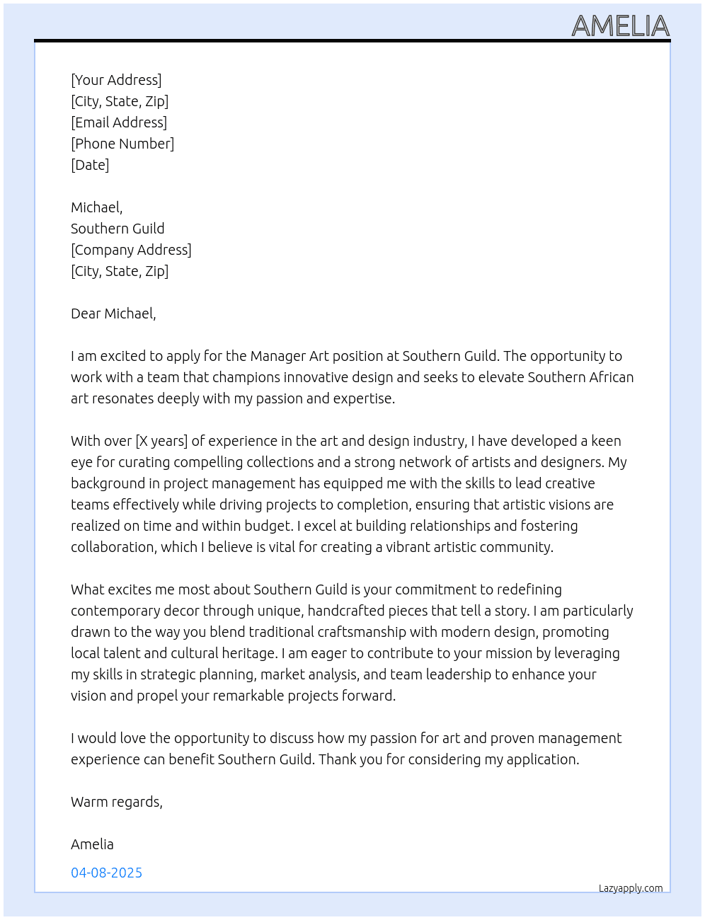 manager art  At southern guild Cover Letter