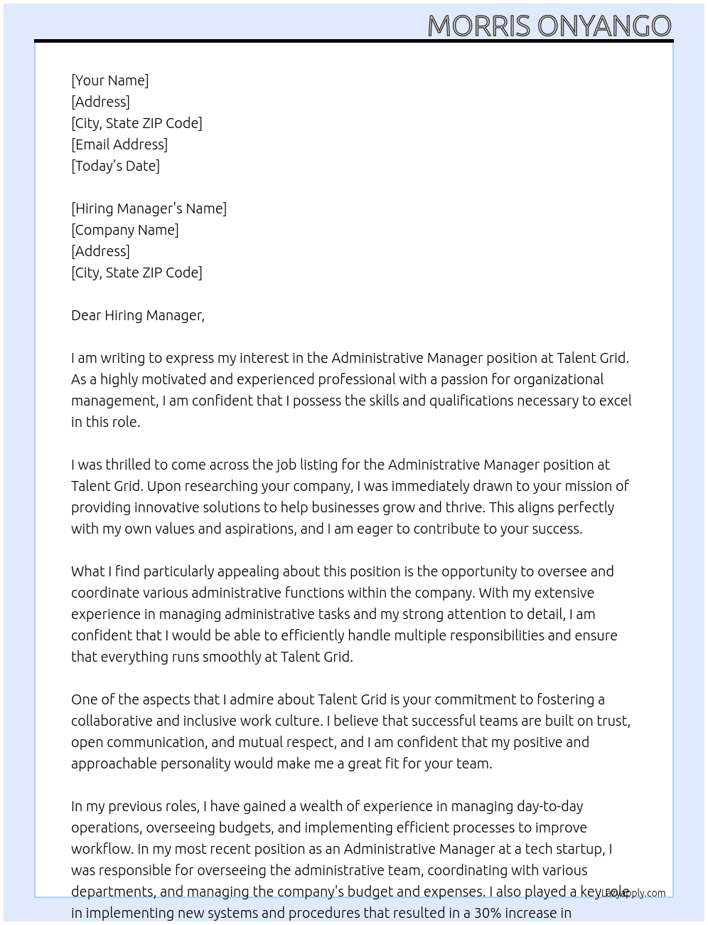 Administrative manager  At Talent grid Cover Letter