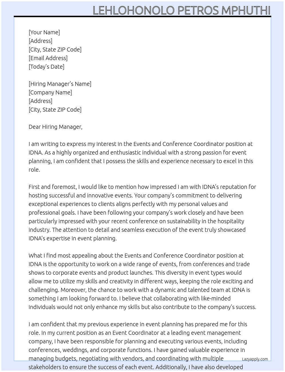 Events and Conference Coordinator At idna Cover Letter