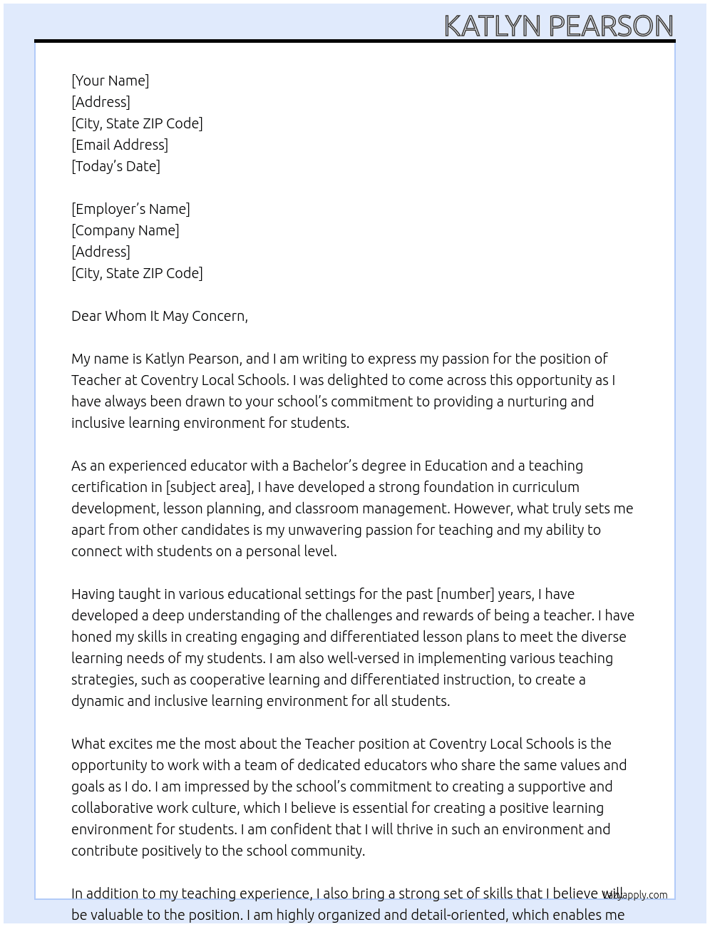Teacher At Coventry Local Schools Cover Letter