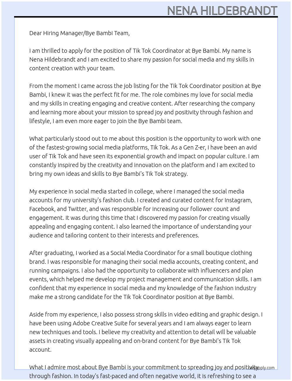 Tik Tok Cordinator At Bye Bambi Cover Letter