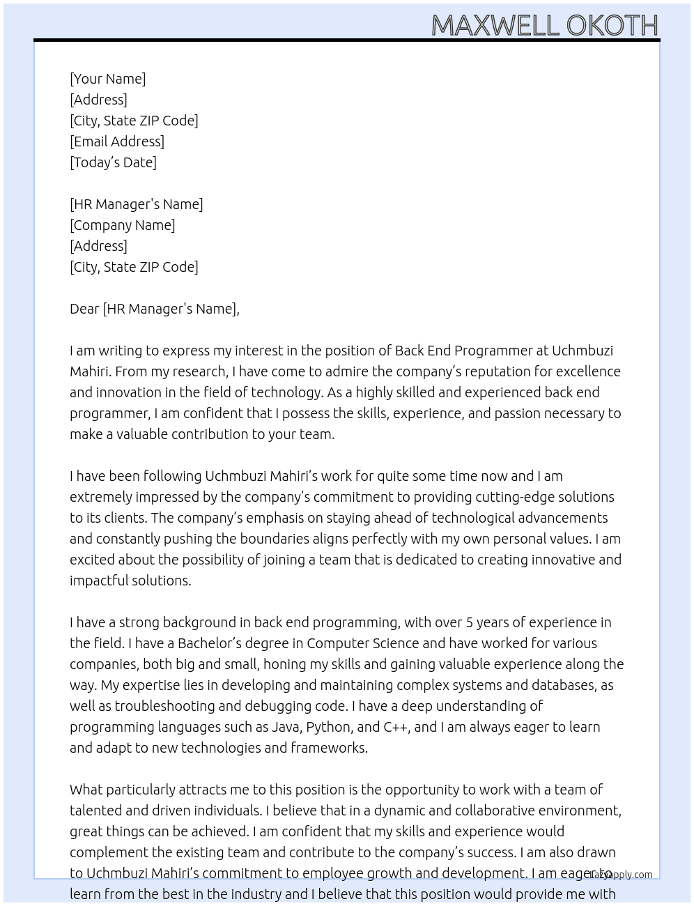 back end programmer At uchmbuzi mahiri Cover Letter