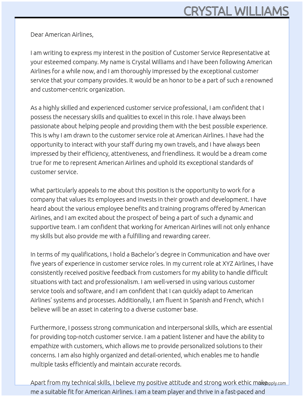 customer service rep At AMERICAN AIRLINES Cover Letter