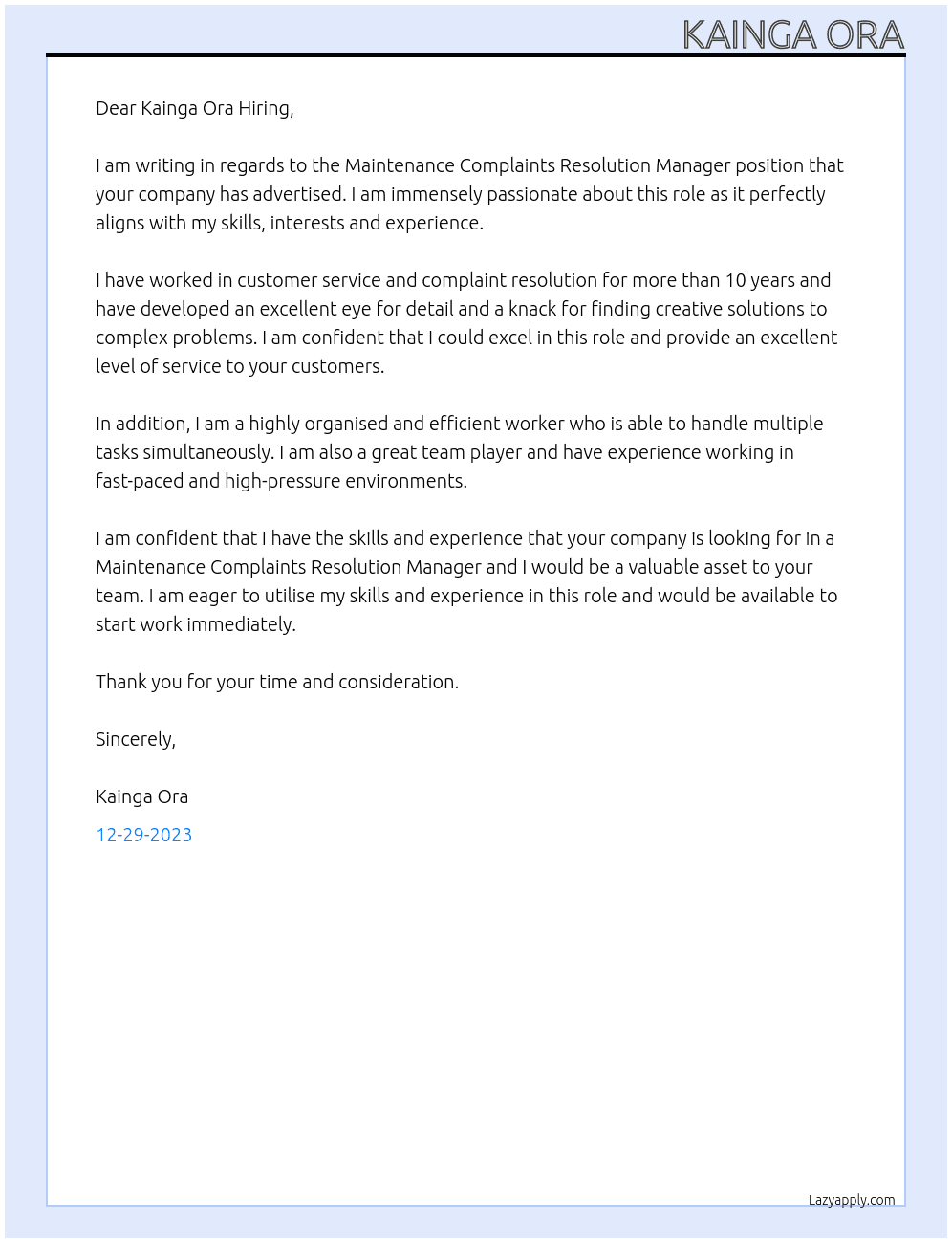 Maintenance Complaints Resolution Manager At Kainga Ora Cover Letter