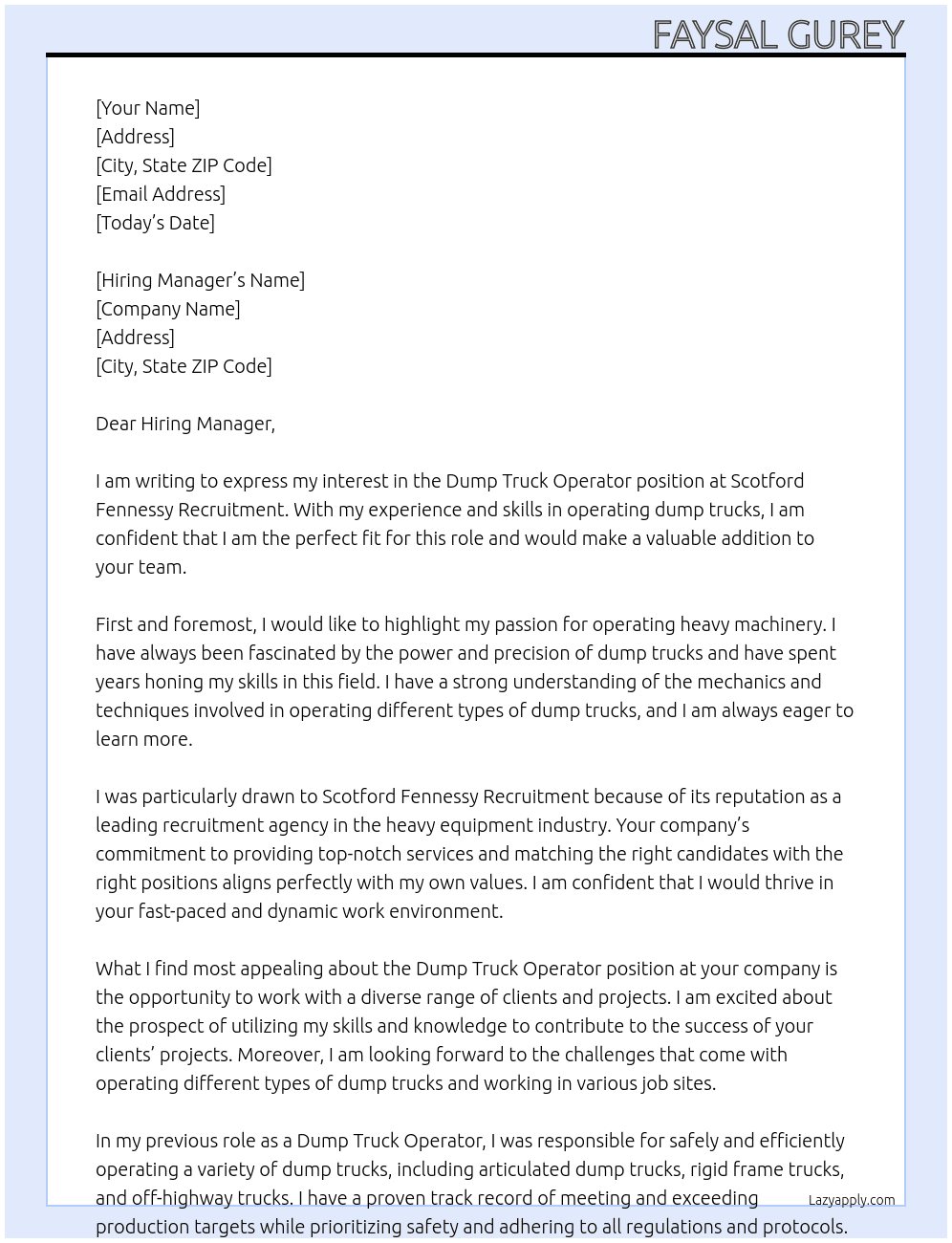 Dump Truck Operator At Scotford Fennessy Recruitment Cover Letter