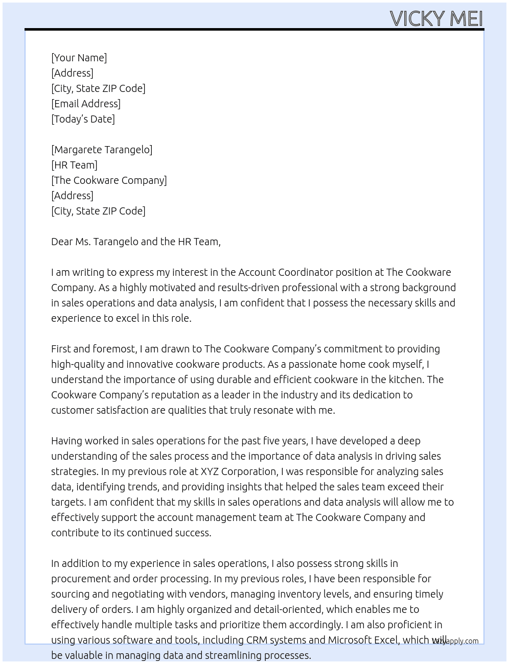 Account Coordinator At The Cookware Company  Cover Letter